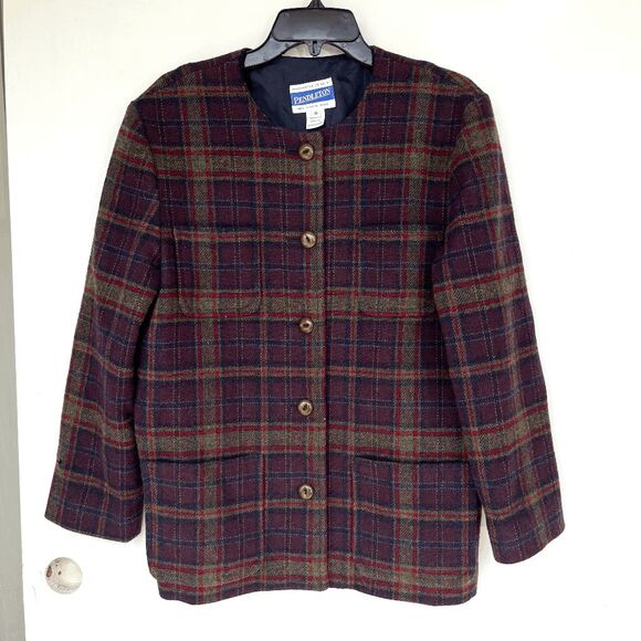 VTG Pendleton Wool Plaid Jacket Blazer Burgundy Green Navy SZ L Made in USA - Picture 8 of 14